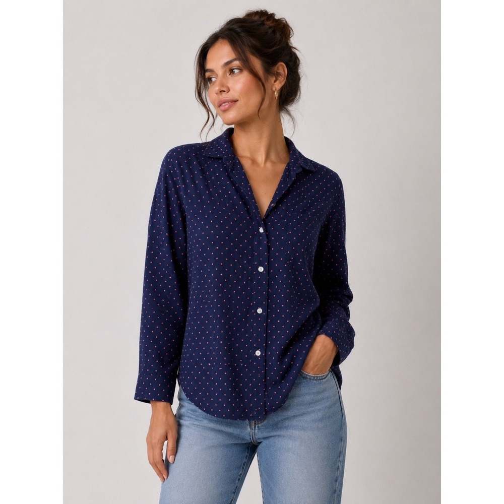 Grayson‎ Navy Red Polka Dot Button Front Blouse Long Sleeve Womens 1
